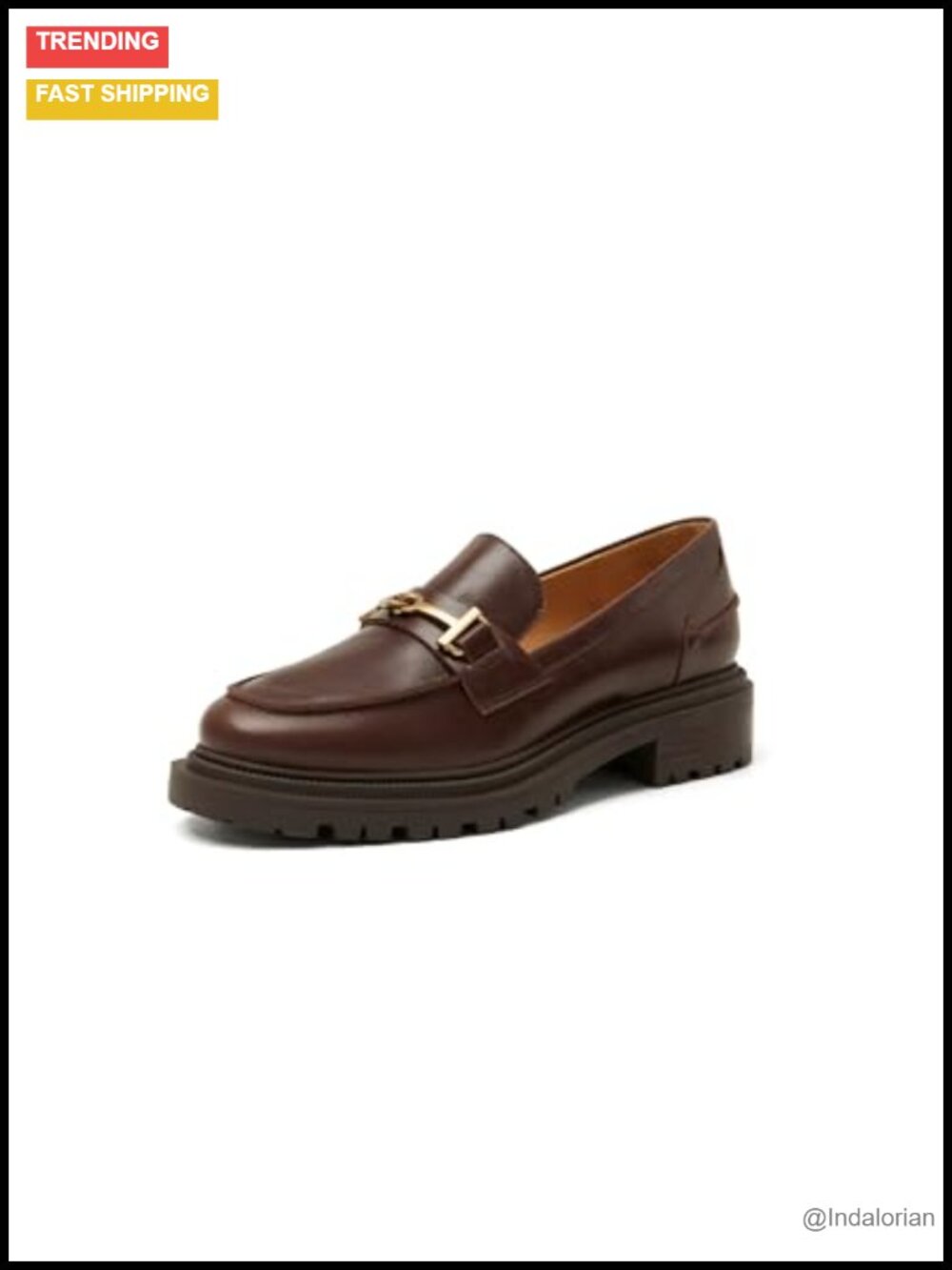 Genuine Leather Chunky Platform Loafer Slip-On with Gold Buckle